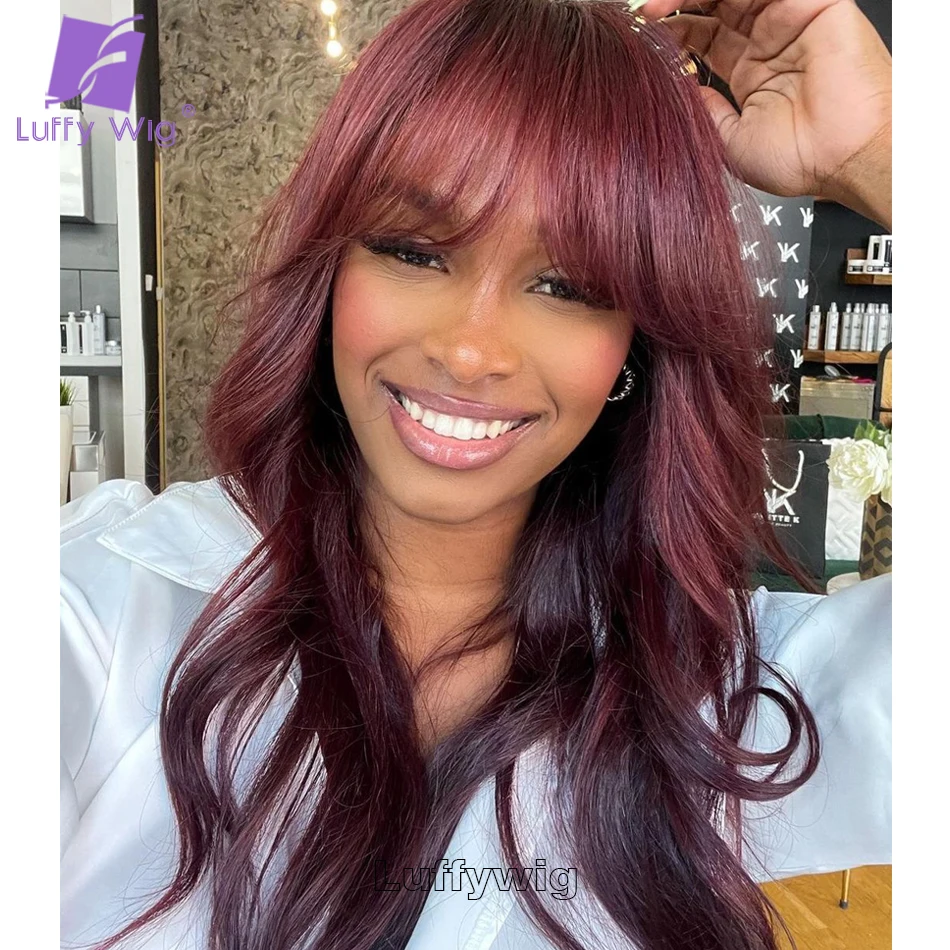 

#99j Color Burgundy Wavy Wig with Bangs Human Hair Full Machine Made Scalp Top Wig 180 Density Red Remy Brazilian Wigs for Women