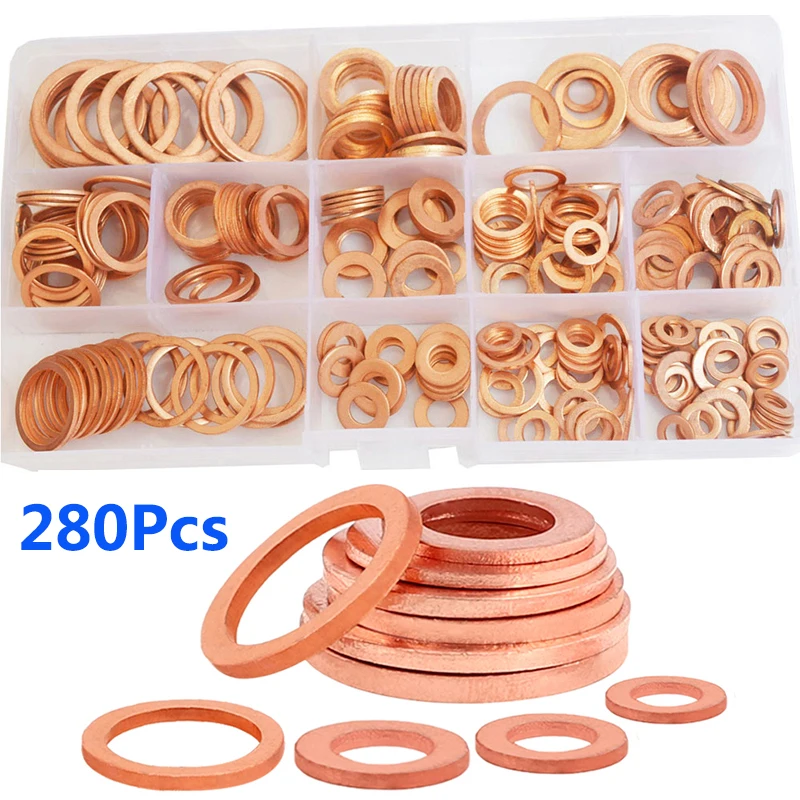 Copper Washer Junta Porca e Parafuso Grupo Anel Plana Variedade Kit com Caixa para Sump Plugs m5 m6 m8 M10 M12 M14 M16 M20