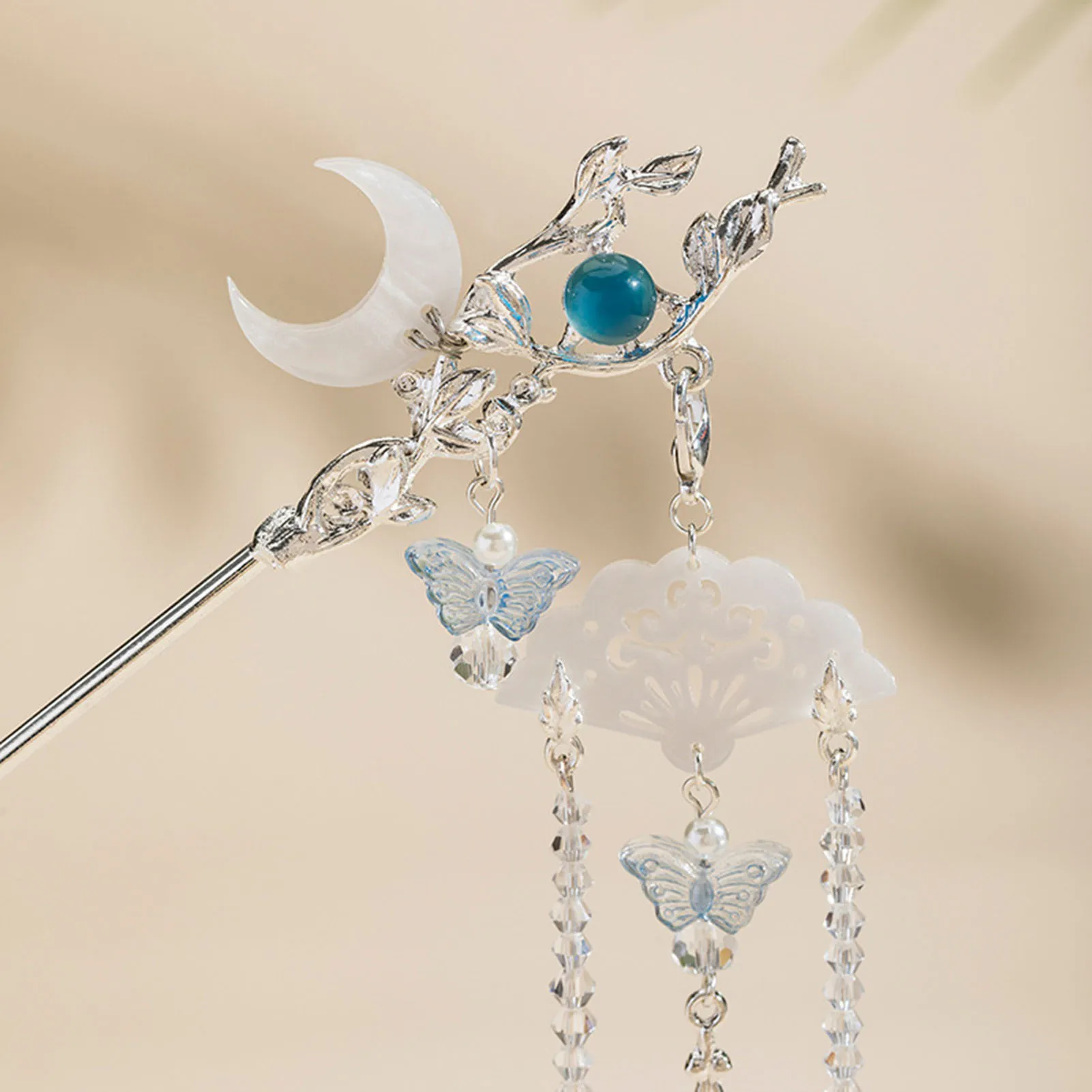 Tassel Moon Hair Stick Butterfly Fringe Hairpin Chopstick Chinese Hanfu Hair Accessories Pearl Bun Jewelry Tiaras for Women