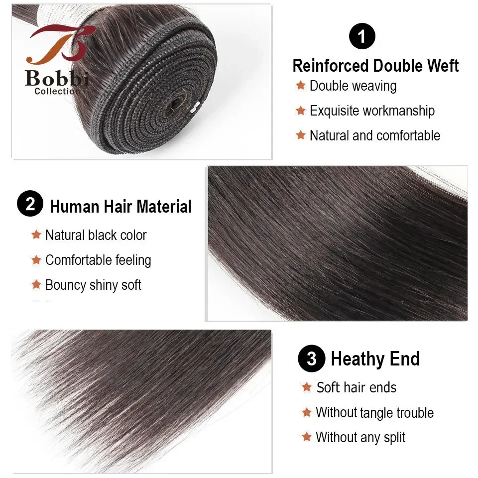 Straight Human Hair 3 Bundles with Closure Middle Part 4x4 T Transparent Lace Black 60g/pc Remy Human Hair Extension