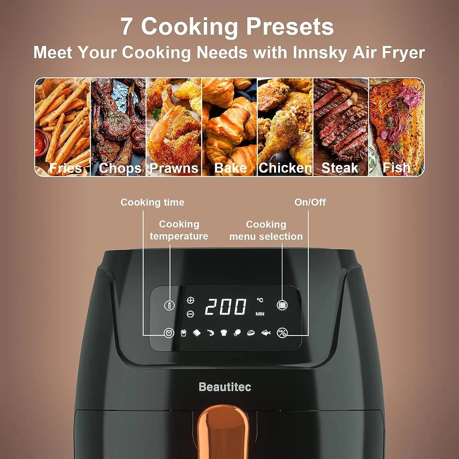 

Airfry 5.3 Qt 5L Air Fryer XXL Cooker Max Oil Free LED Touchscreen 7 Programs 1650W Preheat & Thermal insulatio, Temperatur Inc