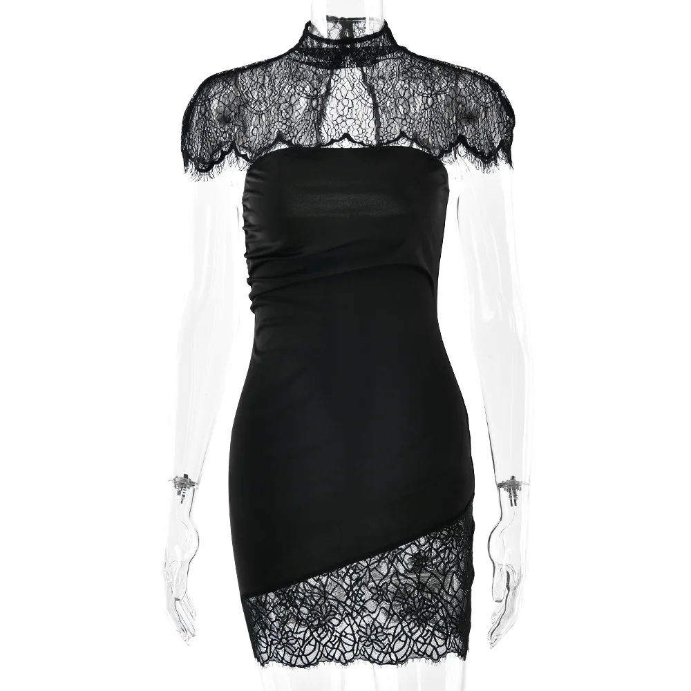 فستان JULISSA MO مثير بدون حمالات من الدانتيل الشفاف للنساء بياقة مدورة مفرغة مكون من قطعتين فستان أنيق للحفلات المسائية