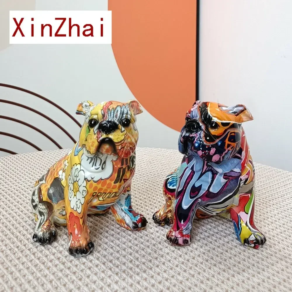 

Graffiti Art Dog Figurine Painted Animal Statue Pop Interior Cute Decoration Living Room Bookshelf Office Tabletop Decor Desk