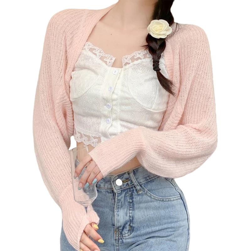 y2k Shrug 2000s Women Clothes Solid Color Long Sleeve Cropped Knitted Tops Sun Protection Cardigan Coquette Clothing 4 y2k Shrug 2000s Women Clothes Solid Color Long Sleeve Cropped Knitted Tops Sun Protection Cardigan Coquette Clothing