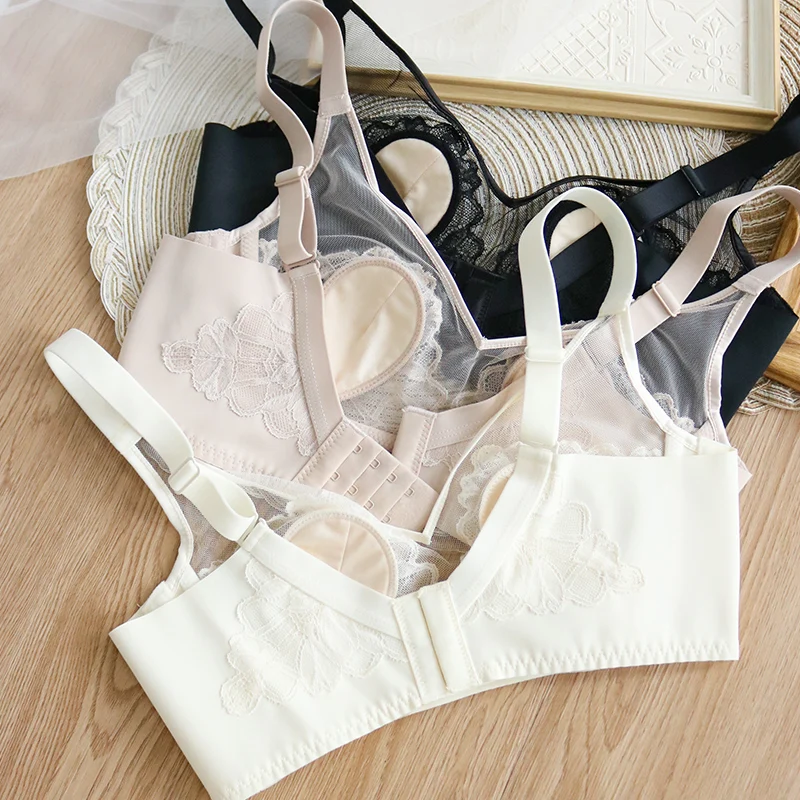 Leechee 2022 Summer Nature Silk Beauty Bra Thin Mold Cup No Steel Ring Wire Free French Lace Sexy Back Cross Underwear
