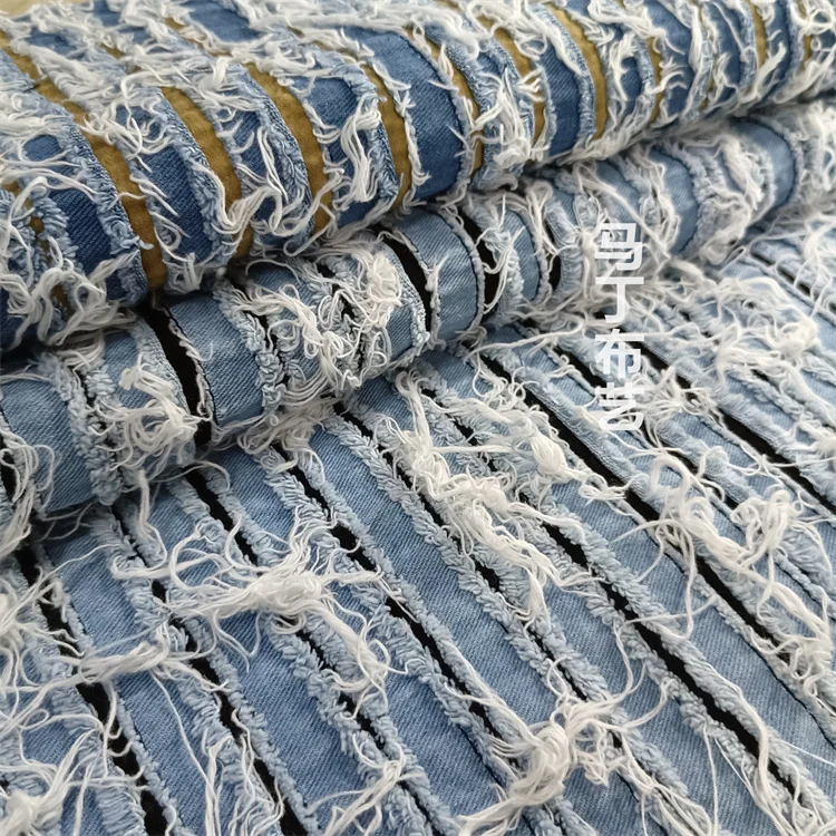 Fashion Tassel Denim Fabric Beggar Destructive Cut Flower Fabric Thickened Designer Fabric Diy