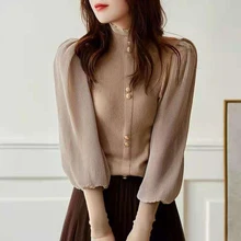 

Women Sweater Korean-style Spring 2022 Puff Sleeves Loose Button Ruffles Solid Color Floral Sweet Office Lady Fashion Kintted