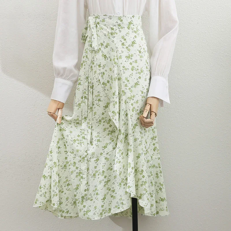 

High Waist Slim Flower Print Chiffon Ruffles Jupe Summer Faldas Mujer Moda 2023 Y2k Bandage Irregular Design Sense Slim Skirts