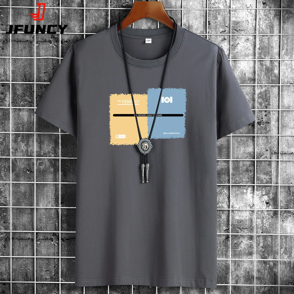 

JFUNCY 2022 Summer Men Tops Plus Size S-6XL Loose Short Sleeve Breathable Cotton Man Tshirt Men's Casual Print T-shirts