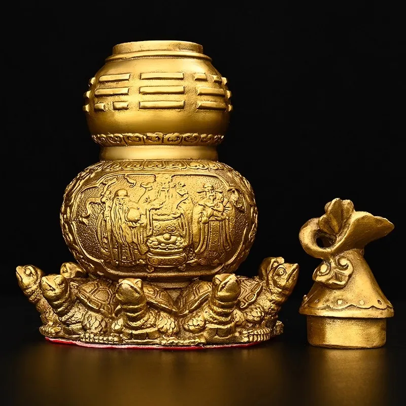 Antique Brass Tian Yi Gourd, 9 Tortoise Figurine for Wealth Health Blessing, Chinese Metaphysical Feng Shui Cure Collector Item