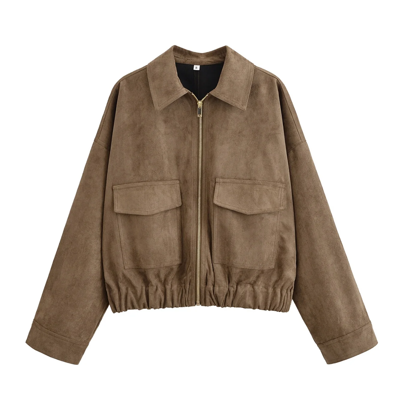 Women Bomber Suede Jackets Female Long Sleeve Zipper Short Jacket Coat Autumn Winter Large Pocket Elastic Hem Jackets Streetwear