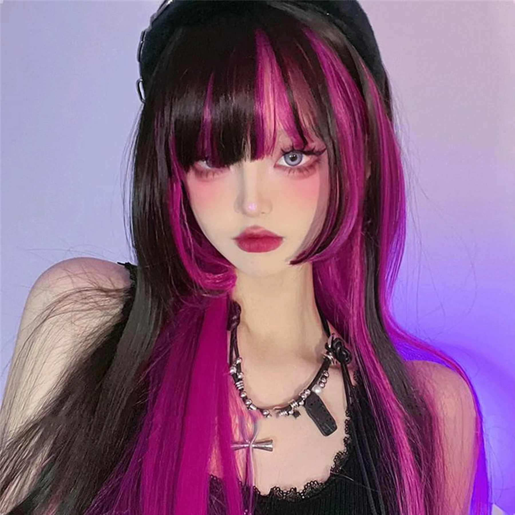 XIYUE Black And Rose Straight Hair Wig Synthetic Long Wavy Wigs with Bangs for Women Cosplay Natural High Temperature Fiber