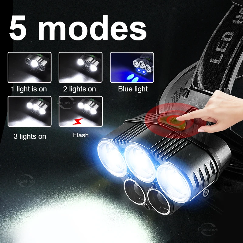 LED 충전식 고성능 헤드 랜턴, 5 가지 모드 헤드 라이트, 18650 배터리, 방수 낚시 헤드 램프, 야외 헤드 램프