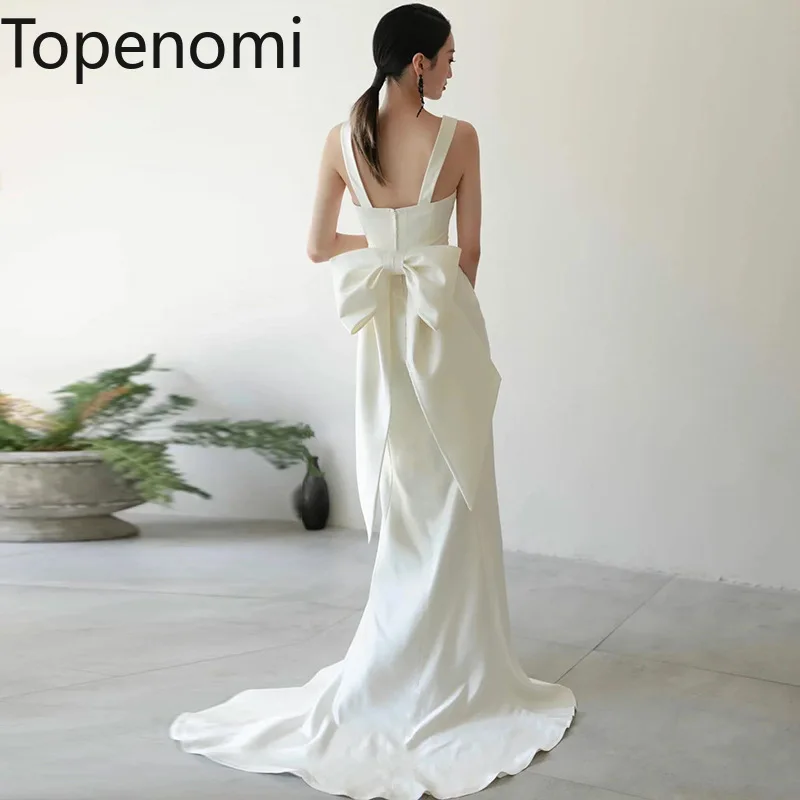 

Topenomi French Spaghetti Strap Wedding Dress Backless Bow Slim Satin Mermaid Long Dresses Simple Temperament Bride Gown 2024