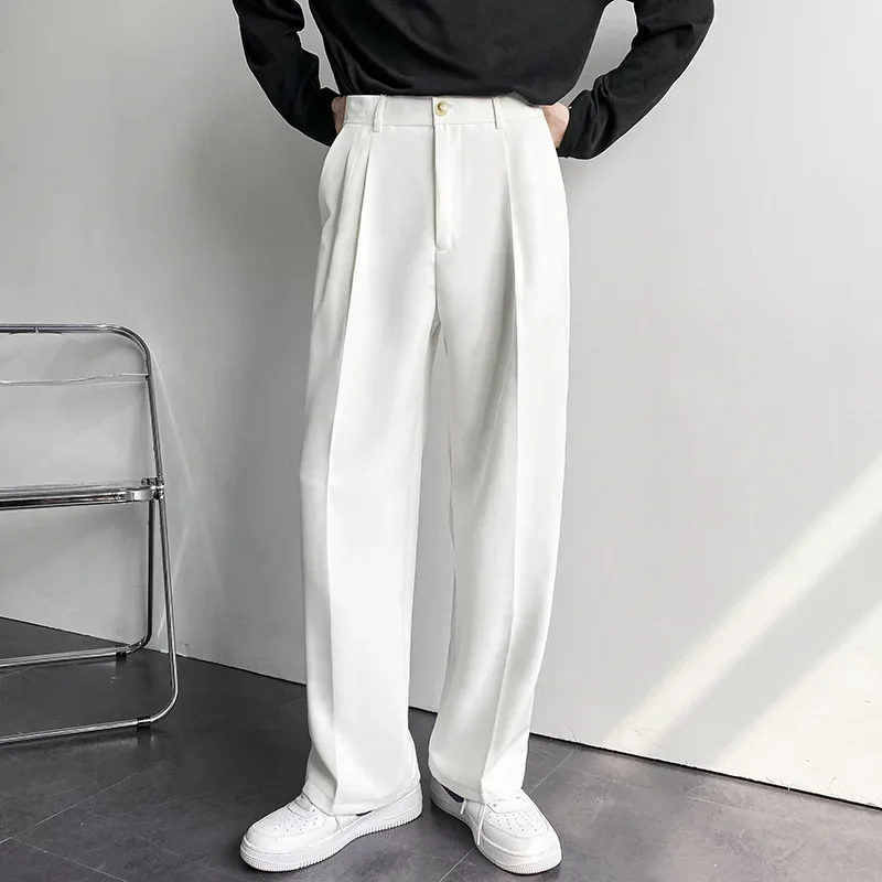 Spring Autumn Korean Style Men's Straight-leg Suit Pants Loose-fit Casual White Wide-leg Trousers Drag-ground Pants suit pants men pants