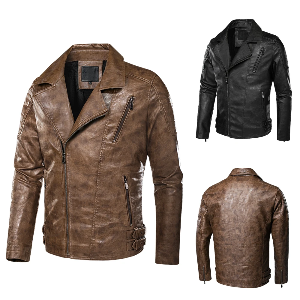 

Мужская кожаная куртка, винтажная мотоциклетная куртка из искусственной кожи, демисезонная верхняя одежда, асимметричные байкерские кожаные куртки на молнии