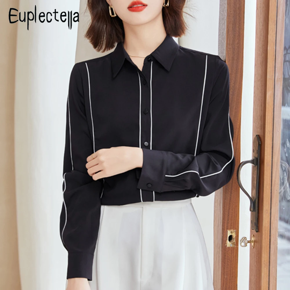

Turn-down Collar 2022 Women Shirts Spring Fashion Long Sleeve White Line Spliced Office Lady Work Wear Blouse Latest