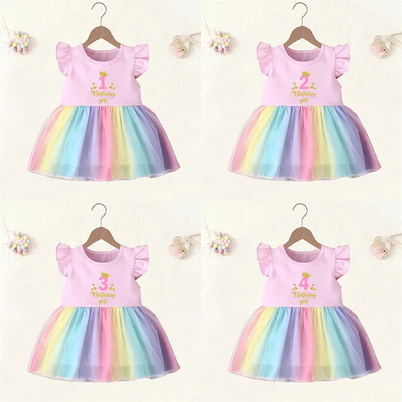 

Baby Girl Clothes Age 1 2 3 4 Years Birthday Dress Crown Cute Princess Pink Vestidos Toddler Girls Rainbow Mesh Party Dresses