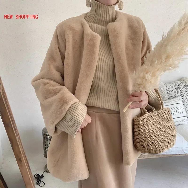 New Elegant Khaki Winter Warm Rabbit Fur Coats Women Faux Fur Coat Streetwear Autumn Faux Mink Fur Jacket Female Party Overcoat new women overcoat winter medium long fur vest coat luxury faux rabbit fur vest jacket warm women faux fur coat vest