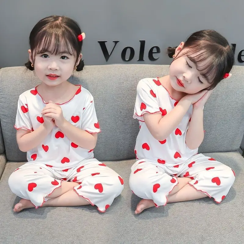 패션 하트 여름 잠옷 세트, 어린이 반팔 티셔츠 및 바지, 어린이 풀오버 탑 의상, 의류