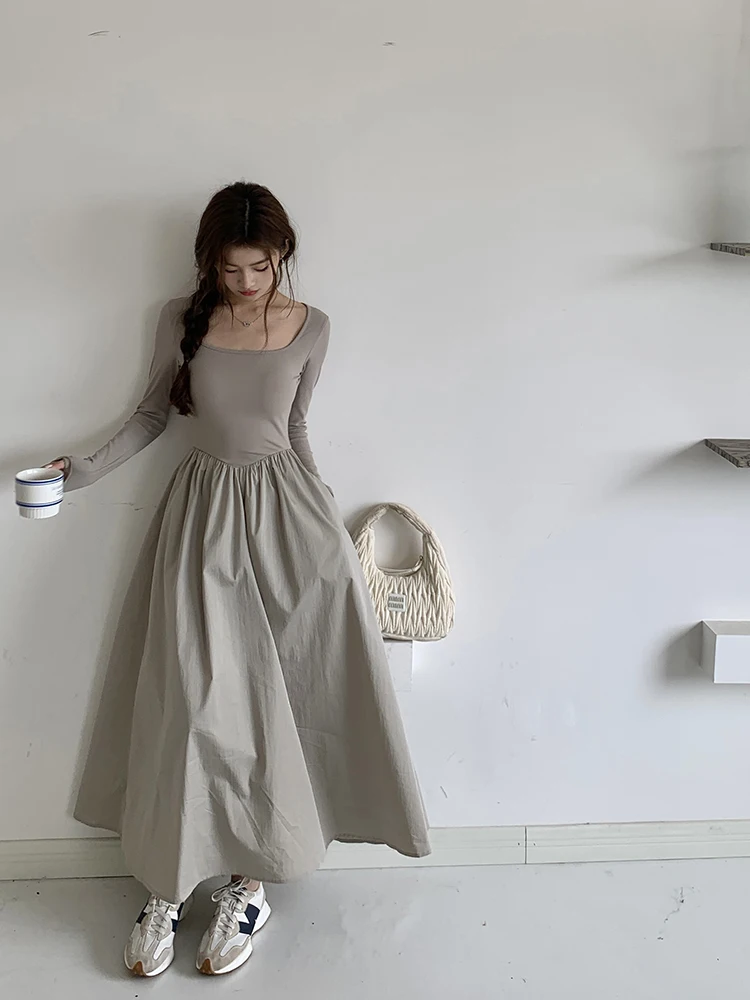 Casual Knitted Midi Dresses for Women Solid Long Sleeves Square Collar A-line Autumn New Elegant Dress Female Slim Vestidos