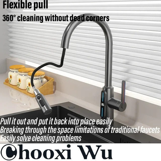 CHOOXIWU-หน้าจอดิจิตอล/ดึง/เย็นและร้อน/ก๊อกน้ำสำหรับห้องครัวเหนี่ยวนำอัจฉริยะ, ก๊อกน้ำอ่าง 2