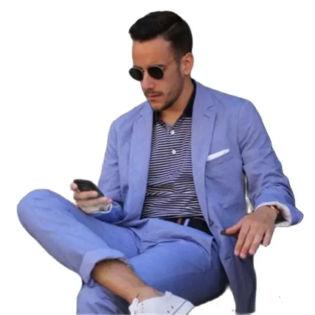 2024 Summer Linen Sky Blue Casual Men Suit Fashion High Quality Jacket Pants For Men Business Custom 3 Piece Set Costume Homme