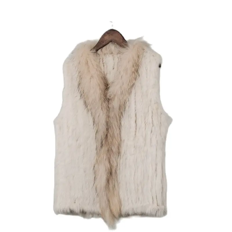 2023 Beautiful Womens Tassel Rabbit Fur Vest with Raccoon Trim - ursfur