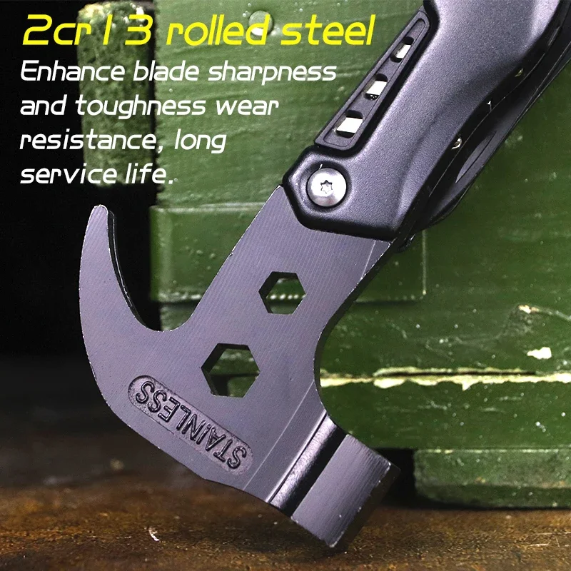 Outdoor multifunctional portable folding axe Hammer Stainless steel camping survival axe car broken window claw hammer tool 3