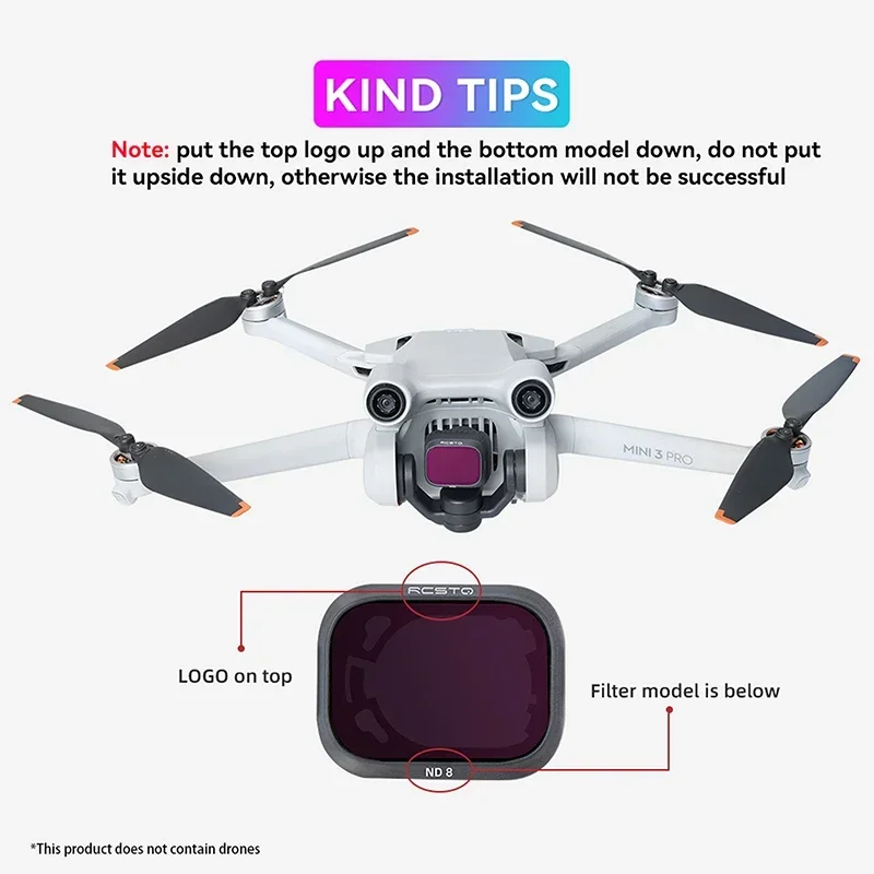 Vue détaillée du lot de 6 filtres pour drone DJI Mini 3 Pro, avec reflets lumineux