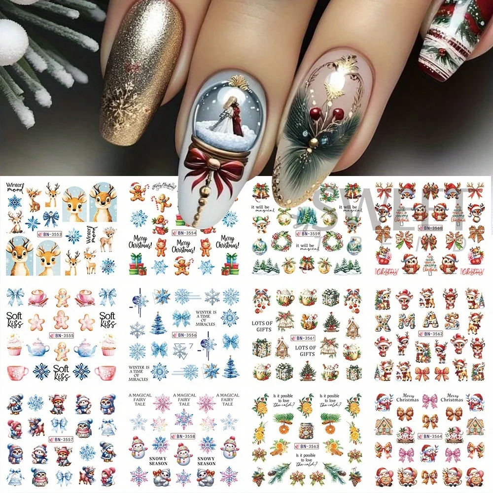 12 Designs Christmas Watermark Nail Stickers Gingerbread Man Deer Bow Snowflake Tree Santa Water Sliders Holiday Manicure Decor