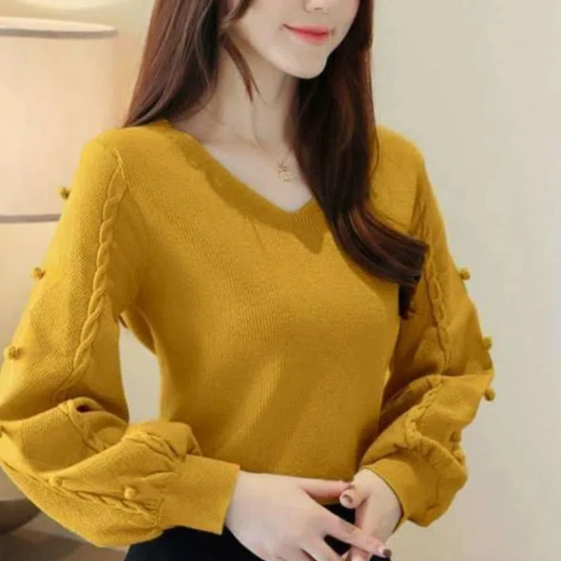 Kore Moda Sonbahar Kış Kadın V Yaka Katı Fener Kollu Kalınlaşmak Rahat Kazaklar Gevşek Kazak Kazaklar Örgü Üstleri