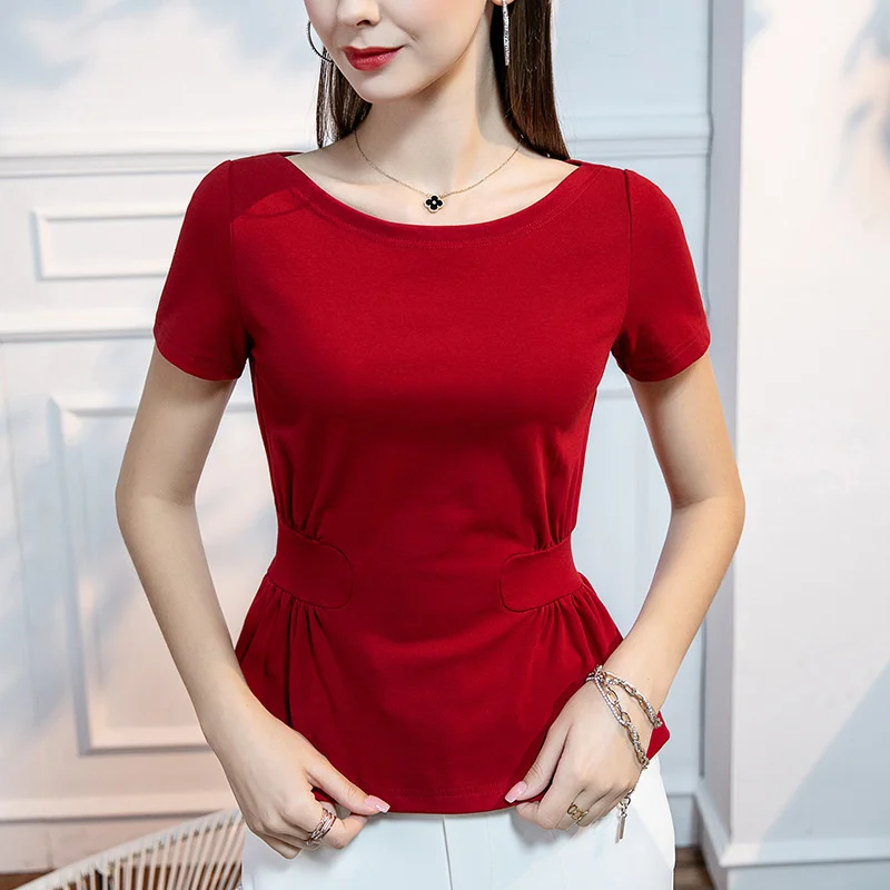 

#5026 Summer Short T Shirt Women O-neck Cotton Irregular Women's T-shirt Slim Black/White/Red Women's Tee Shirt Slim Elegant