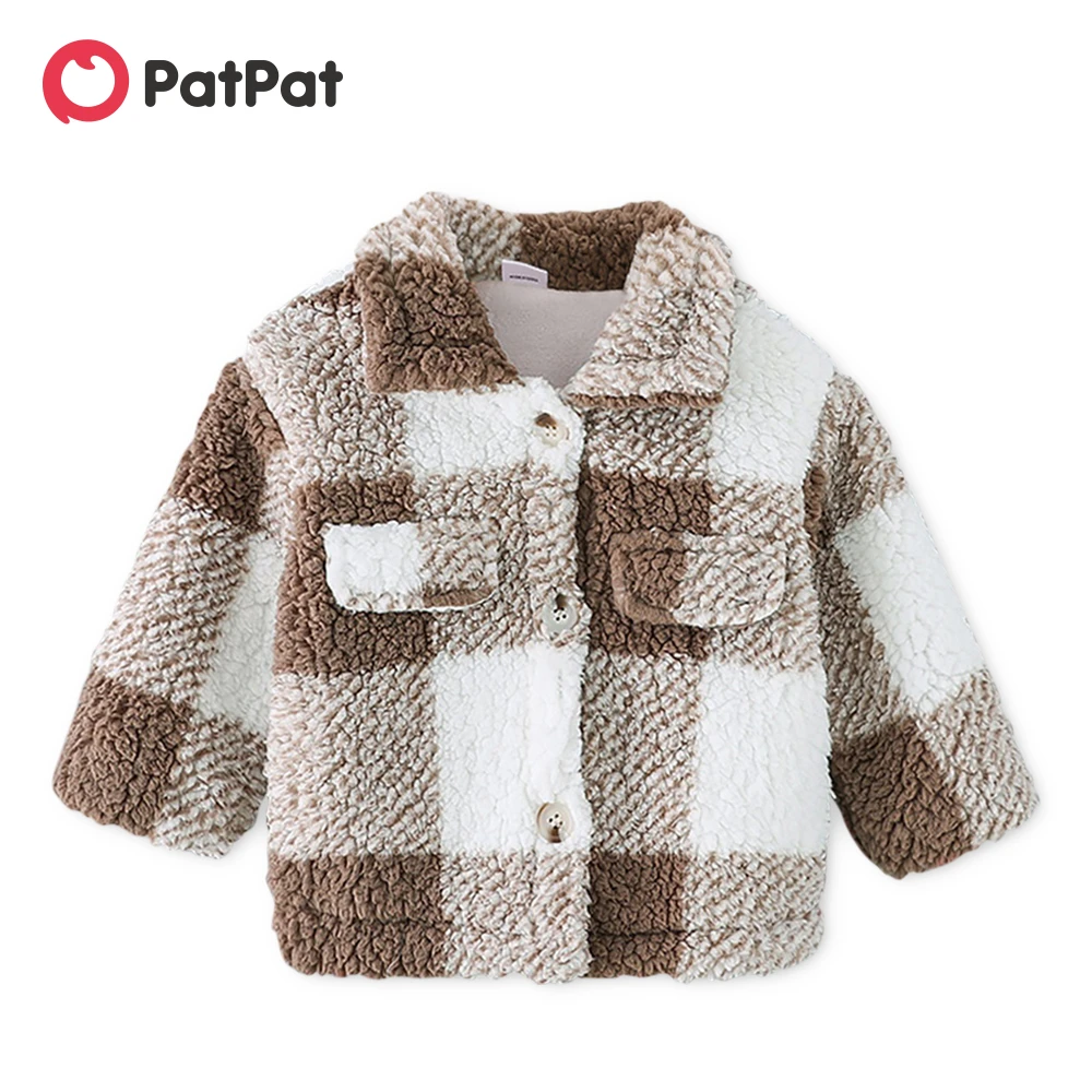 PatPat Toddler Girl Plaid Lapel Collar Button Design Coat Jacket for