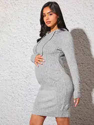 Women Maternity Autumn Ribbed Knit Dress Fashion Premama Long Sleeve Solid Hooded Midi Dresses Pregnant Slim Bodycorn Party Gown