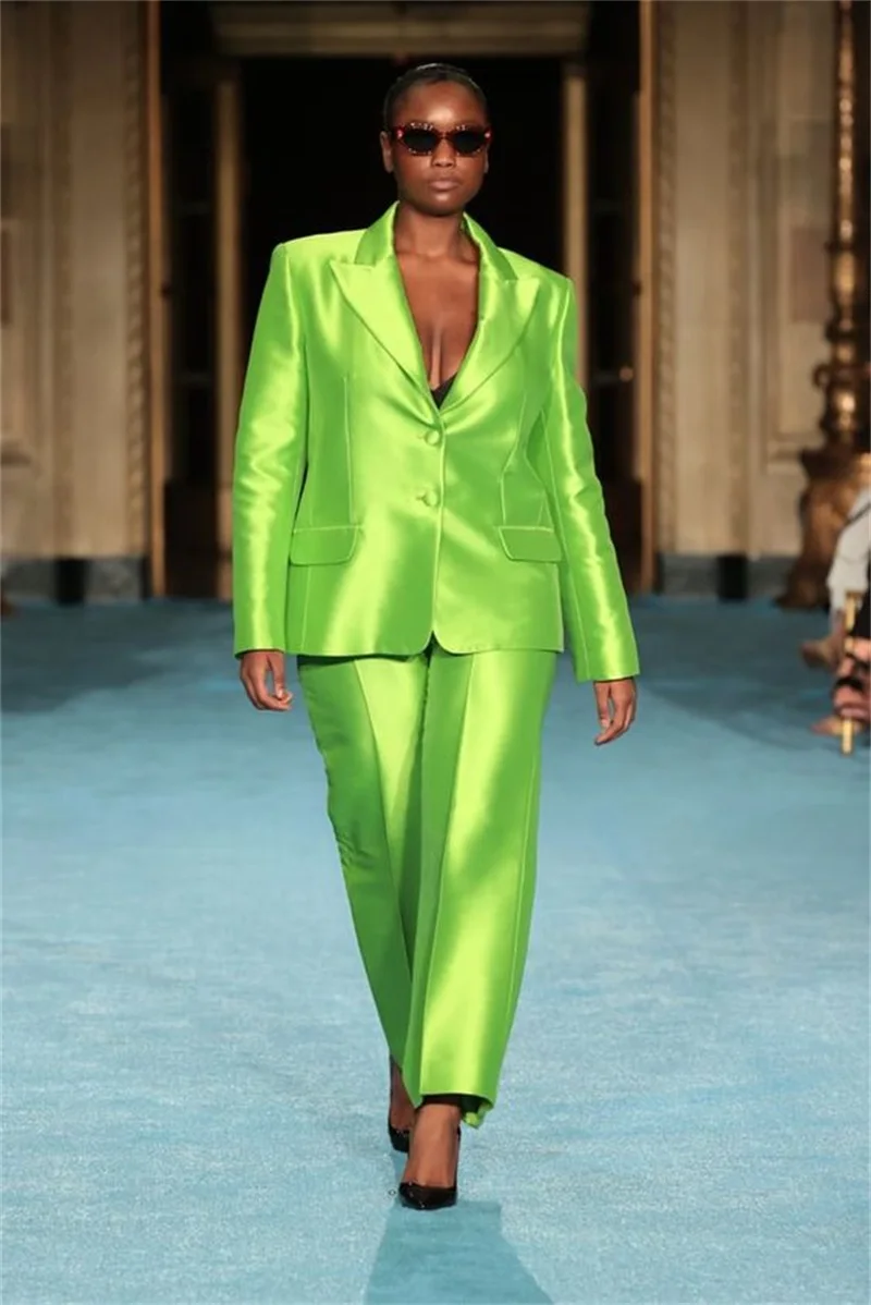 

Plus Size Green Women Suits Set 2 Pcs Custom Made Blazer+Straight Pants Fashion Single Breasted Formal Satin Office Prom Dress