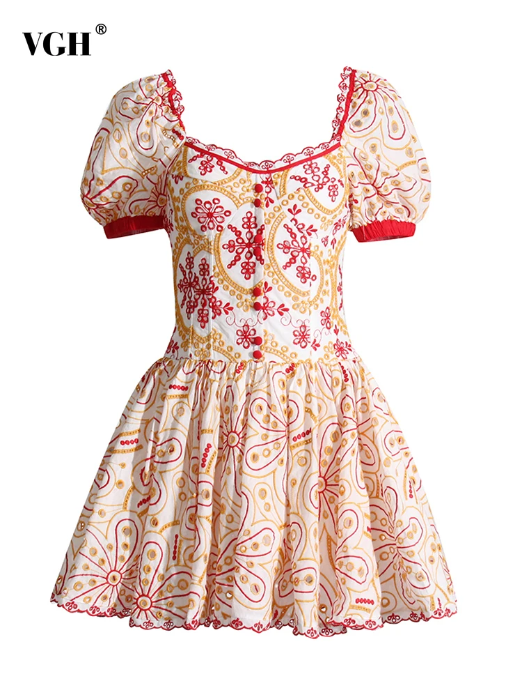 

VGH Hook Flower Hollow Dress For Women Square Collar Short Sleeve High Waist Casual Slim A Line Dresses Female Clothing 2023 New