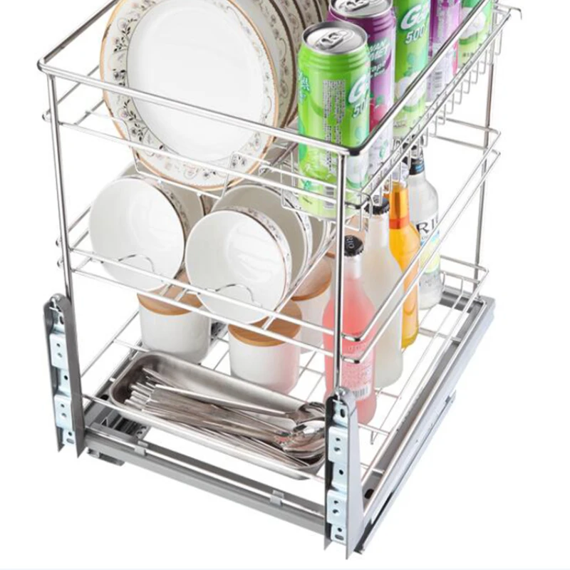 Kitchen Storage Accessories Shallow Home Pull Basket 304 Stainless Steel Double Layer Seasoning Kitchen Cabinets Cabinet
