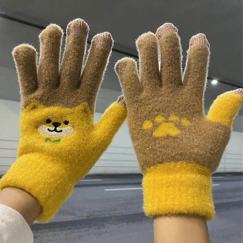 Unisex Cute Dog Printing Gloves Mobile Phone Touchscreen Knitted Glove Winter Thick & Warm Adult Soft Fluffy Gloves Men's Women