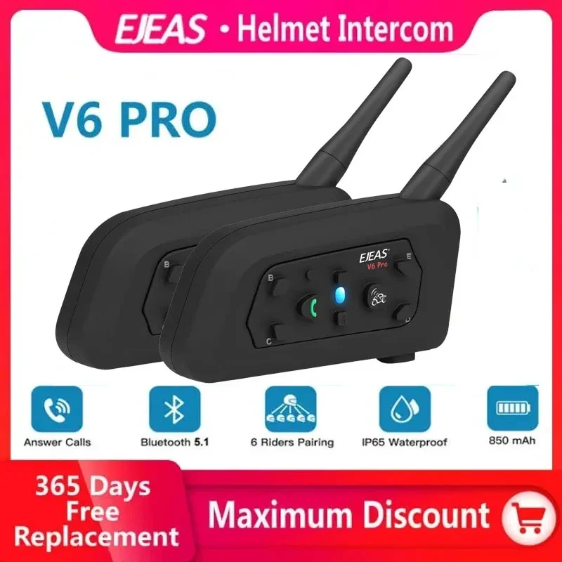 

EJEAS V6PRO Motorcycle Bluetooth Helmet Headset Intercom 850mAh Interphone for 6 Riders MOTO Communicator 1200m