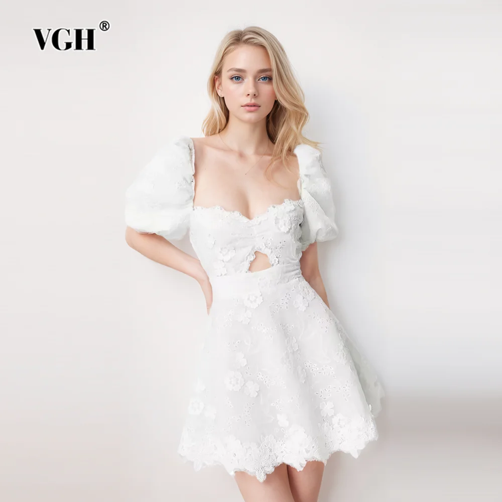 

VGH Hollow Out Patchwork Folds Solid Dresses For Women Square Collar Puff Sleeve Backless High Waist Mini Dress Female Fashion