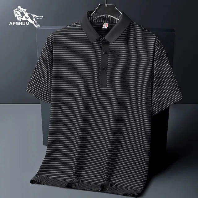 Polo homme d'été à revers, nouvelle collection, manches courtes, rayé, en soie glacée, style business décontracté, tailles M-6XL 7XL 8XL 1