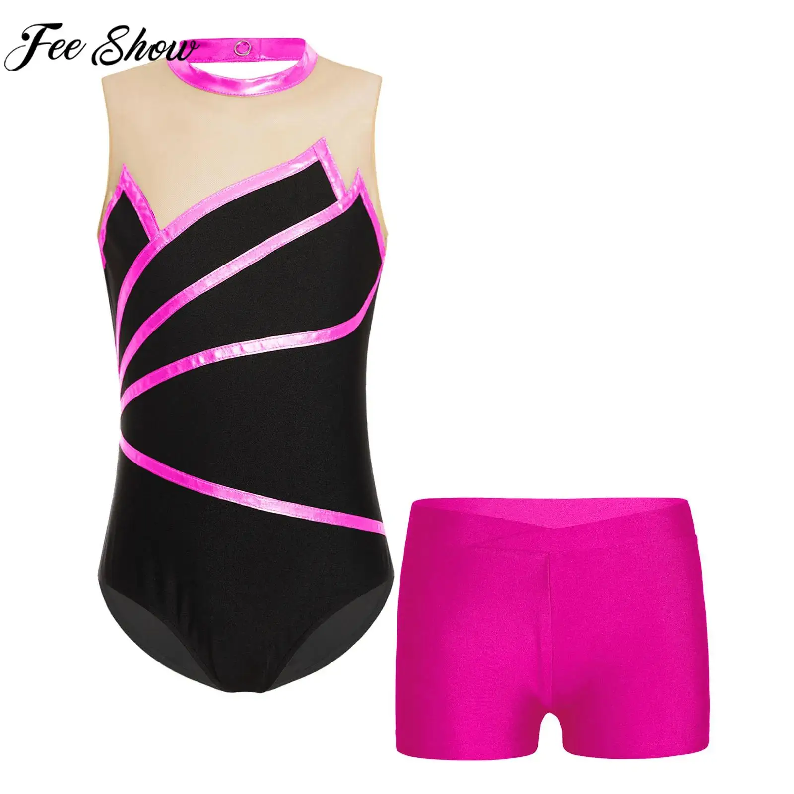 

Children Girls Ballet Dance Gymnastics Figure Skating Yoga Sports Outfit Sleeveless Patchwork Mesh Leotard Bodysuit with Shorts