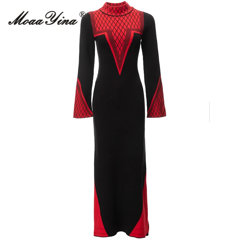

MoaaYina Autumn Fashion Designer Vintage Plaid Knitting Dress Women's Stand Collar High Elastic Package Buttocks Slim Long Dress