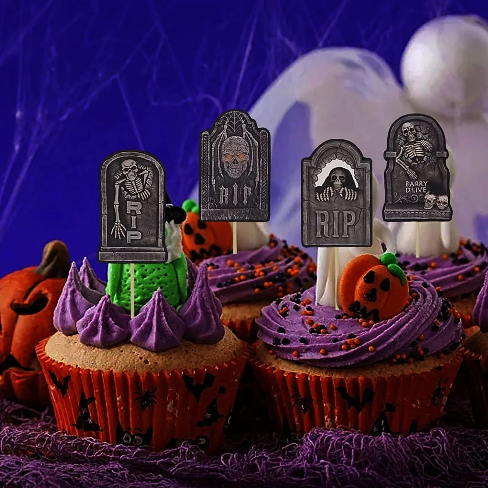 24pcs Rip 20s Birthday Cupcake Toppers Halloween Theme Party Supplies Tombstone Cupcake Picks Graveyard Cake Decorations