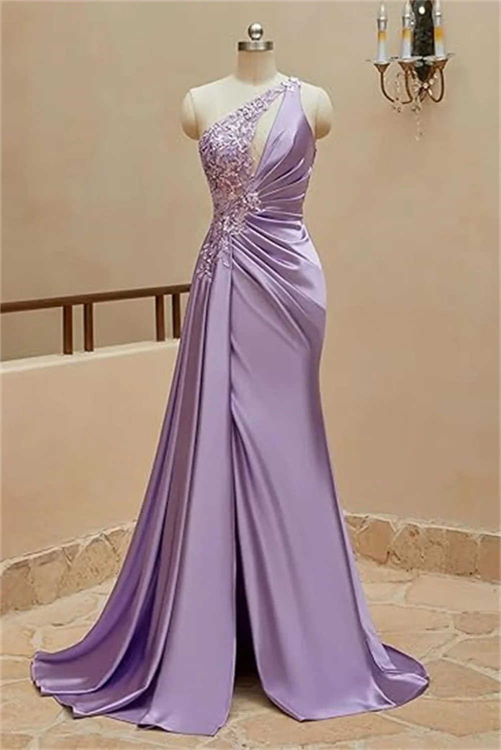 One Shoulder Satin Prom Dresses Beaded Long Formal Dress Ruched Evening Gowns Party Dresses For Women With Side Slit