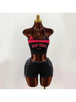 2026 new summer American retro sports Y2K hanging neck shorts two-piece set punk street trend fashion ins personality spicy girl 1