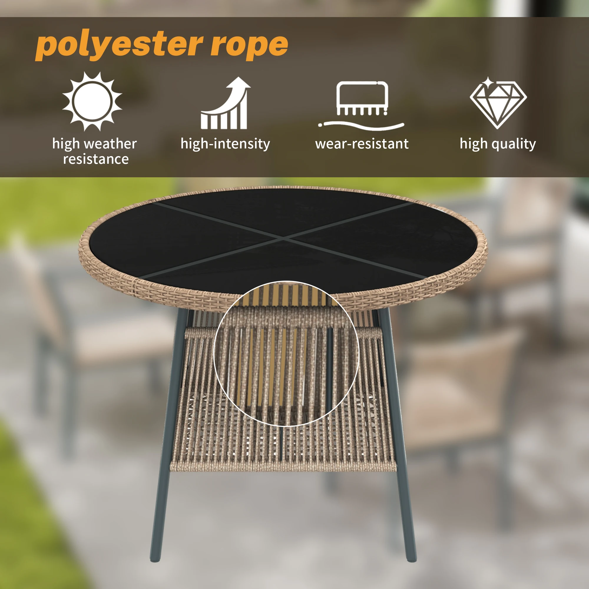 Modernes Rattan-Gartenmöbel-Set, runder Glastisch + 4 Sessel, Eisenrahmen, geeignet für Terrasse/Balkon/Deck – Detail 18