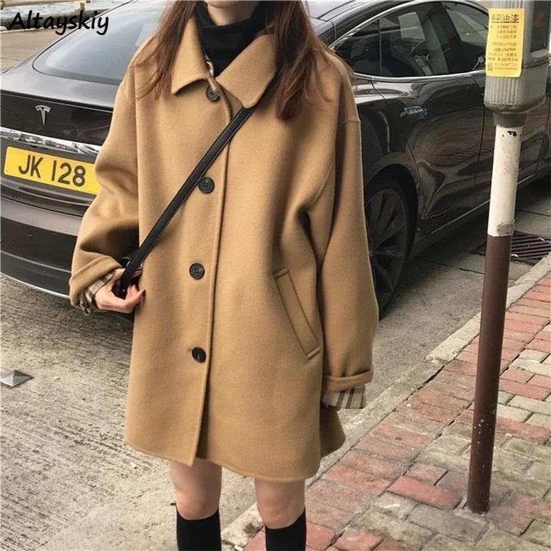 Wool Blends Coats Women Loose Winter Students Solid Simple All-match Warm Soft Casual Trendy Chic Fall Clothes for  Ins