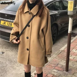 Wool Blends Coats Women Loose Winter Students Solid Simple All-match Warm Soft Casual Trendy Chic Fall Clothes for  Ins
